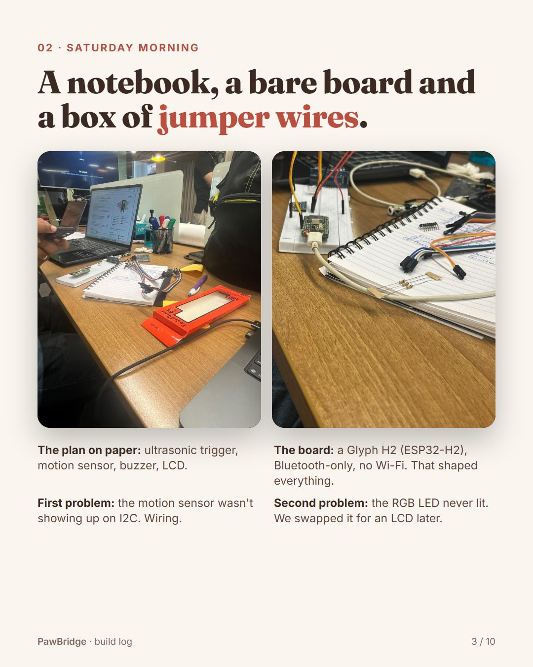 Saturday morning: a notebook, a bare board and a box of jumper wires
