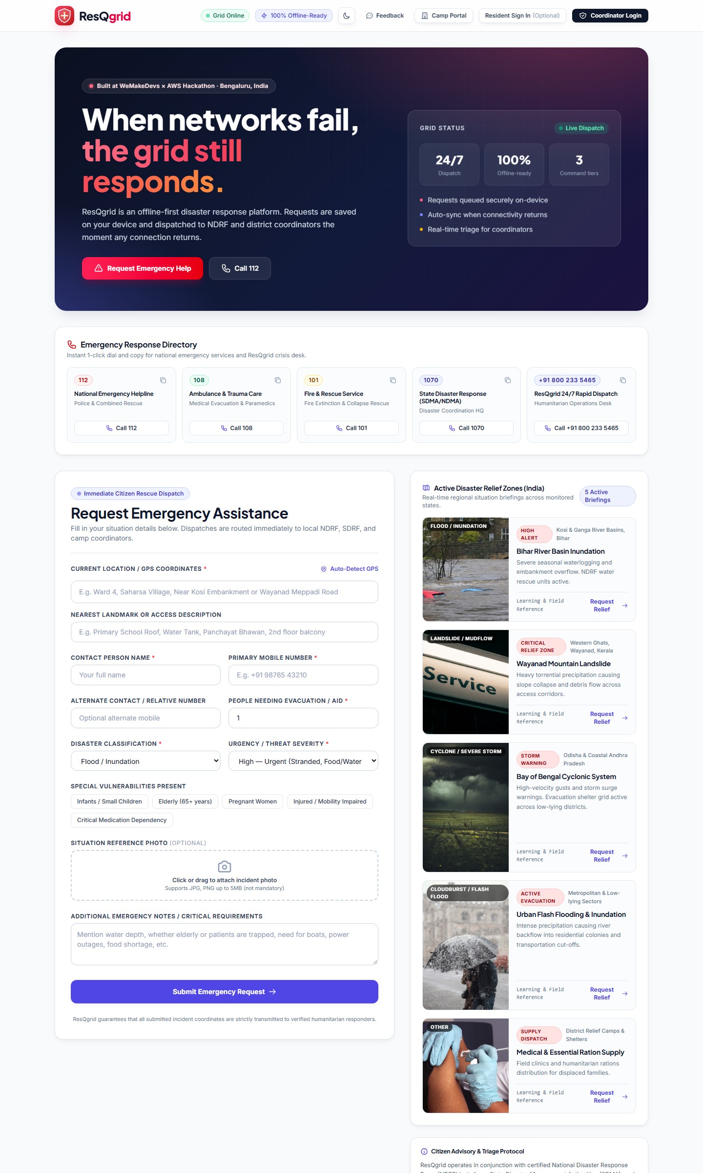 ResQGrid home: hero, emergency directory, request form and active relief zones