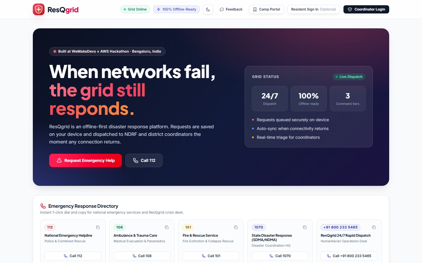 ResQGrid resident help desk: emergency directory and SOS request form