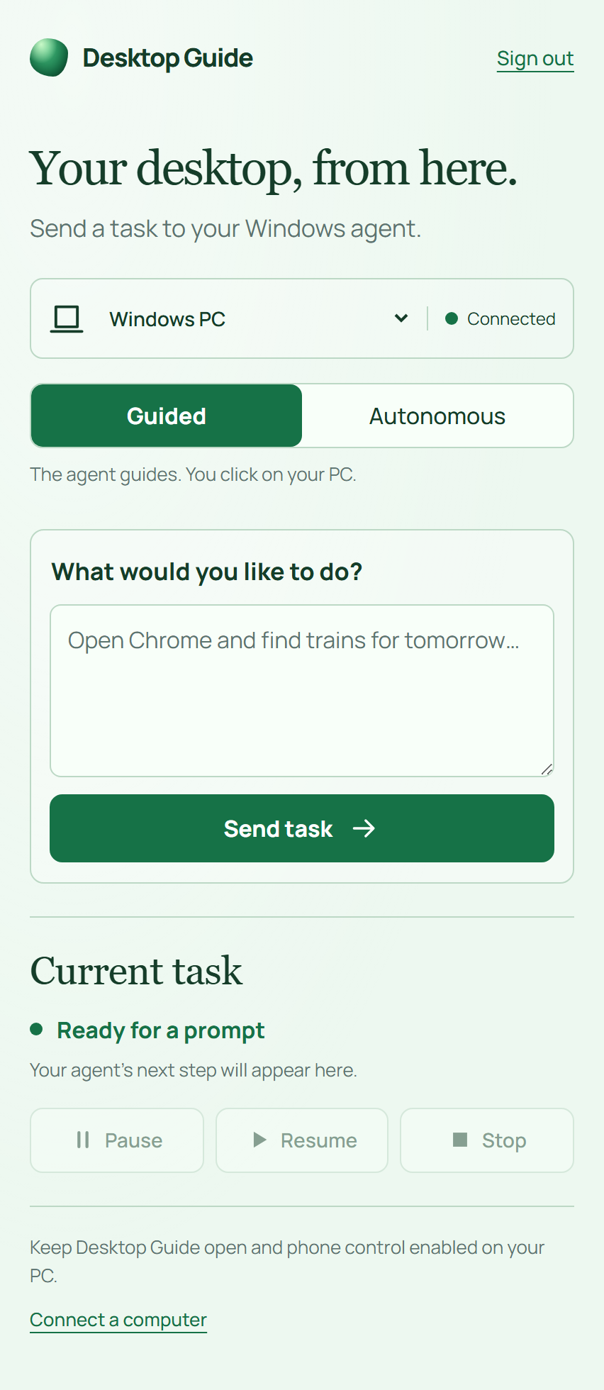 Mobile companion controller: monitoring desktop state and autonomous tasks